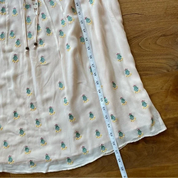 Sundance Embroidered Boho Silk Long Sleeve Peasant Blouse with Tie Neck - Picture 12 of 13